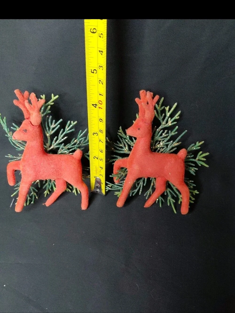 Pair Vintage Flocked Deer W/Plastic Greens